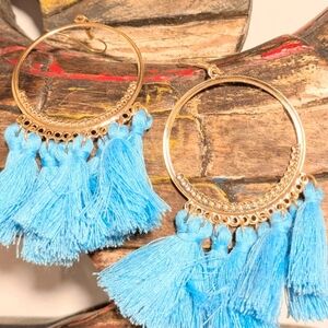 Gold Hoop Earrings with Blue Tassels